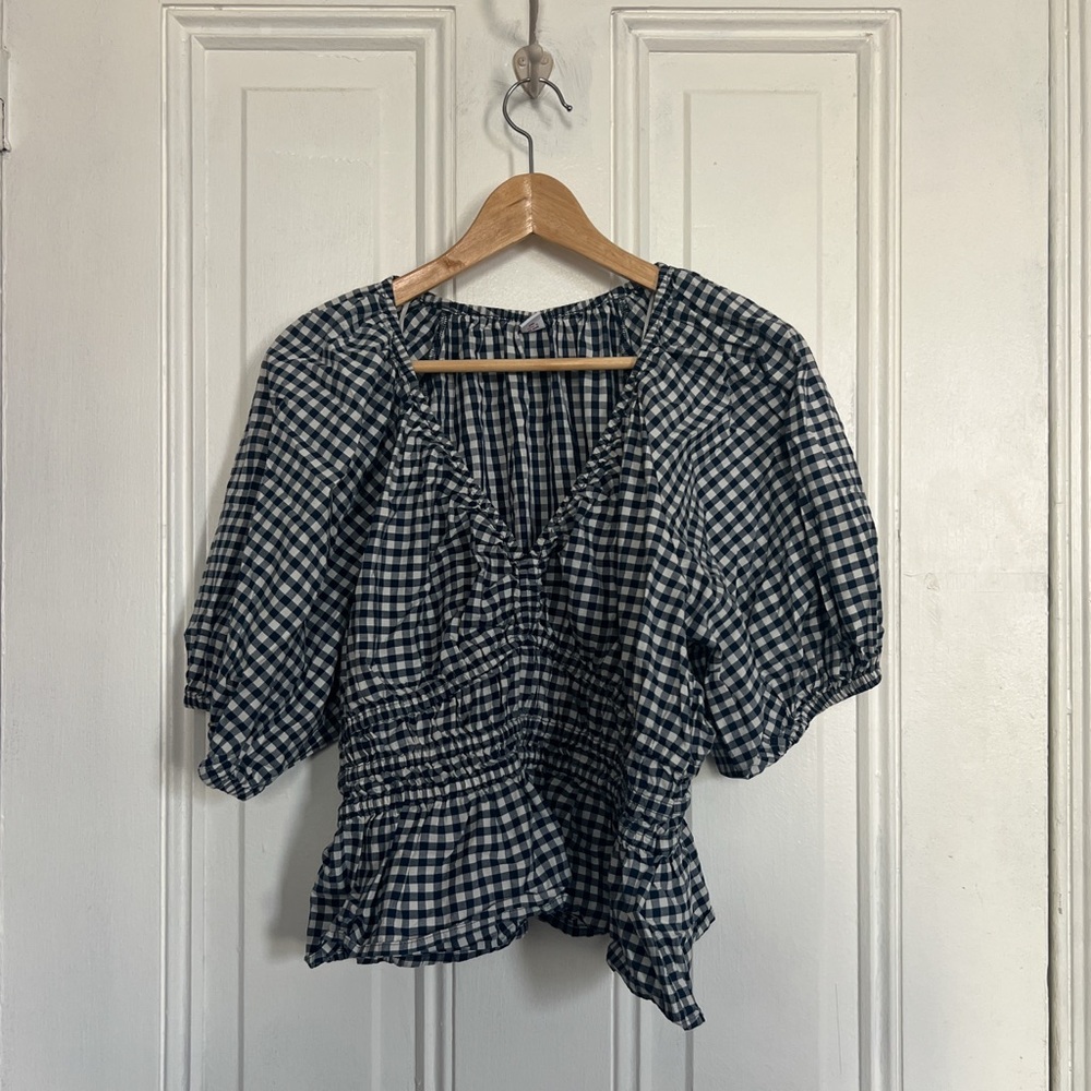 Navy Gingham Peasant Blouse